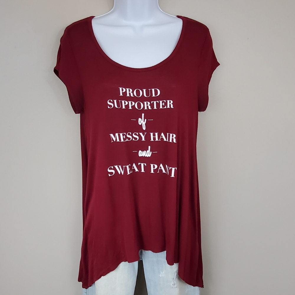 Rue21 "Proud Supporter of Messy Hair and Sweat Pants" Boat Neck Graphic …